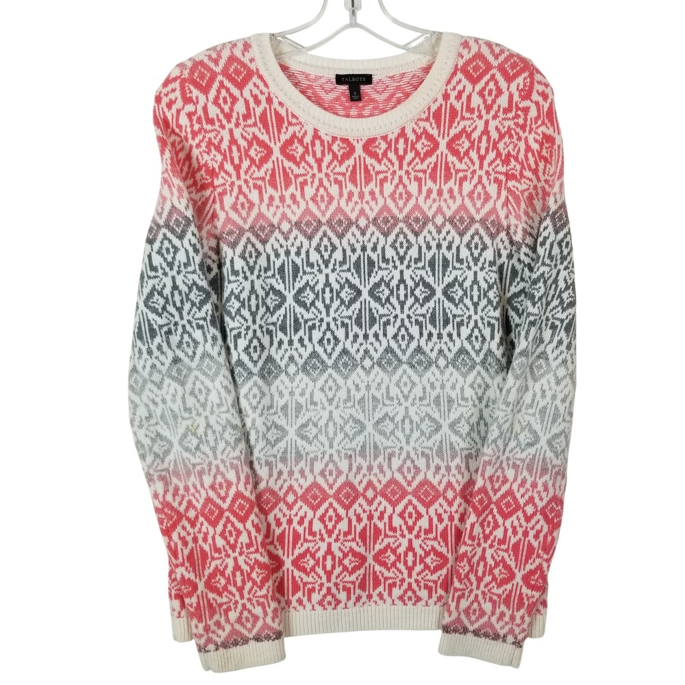 Talbots Womens Small Pink Grey Fair Isle Lambswool Blend Crewneck Sweater